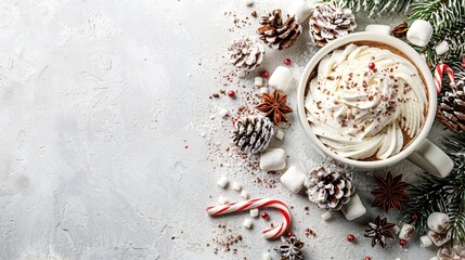 a cup of hot chocolate with marshmallows and candy canes