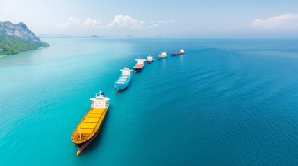 Fototapeta premium A row of large ships are sailing in the ocean