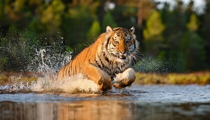 Siberian tiger, Panthera tigris altaica, low angle photo in direct view, running in the water directly at camera with water splashing around. Attacking predator in action. Tiger in taiga environment.