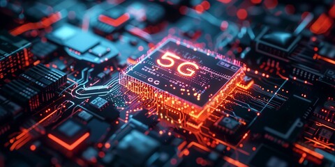 Digital microchip design, glowing 5G technology circuit board