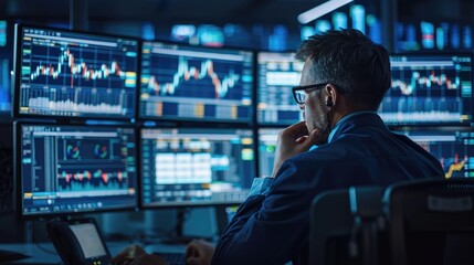 Stock market analyst reviewing multiple monitors displaying complex financial data and trends in a modern trading room.