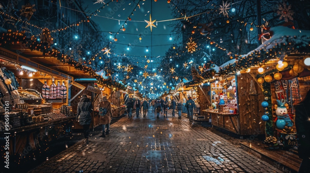 Poster a group of people walking down a street covered in christmas lights