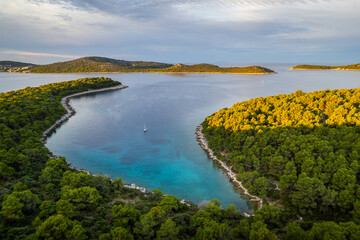 Drone view of the beautiful bay in Rogoznica in the archipelago of Croatian islands.