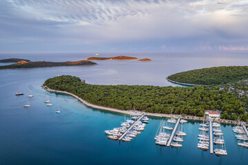 Drone view of the beautiful bay in Rogoznica in the archipelago of Croatian islands.