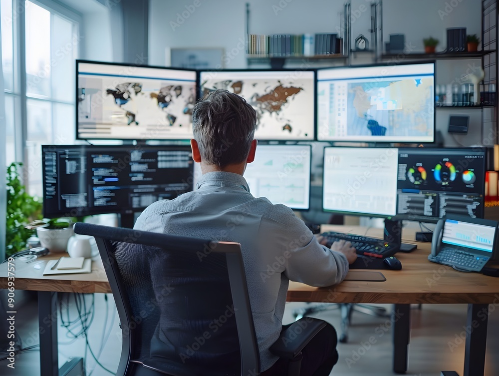 Poster efficient business leader multitasking on multiple screens in high tech office setting