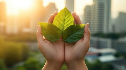 Hands holding green leaves against a city skyline, symbolizing nature, growth, and sustainability in an urban environment.