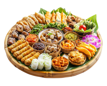 A large tray of food with many different types of food on it. The food is arranged in a way that makes it look like a buffet