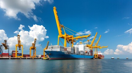 Obraz premium A large blue ship is docked at a port with several other ships in the background