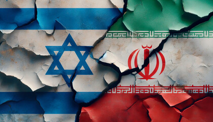 Flags of Israel and Iran on cracked surface. The juxtaposed flags of Israel and Iran appear on a worn and cracked surface, symbolizing geopolitical tensions