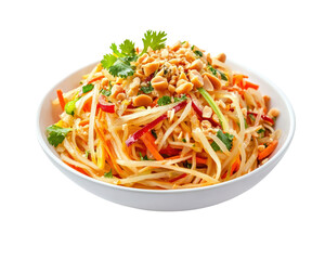 A bowl of papaya salad. Scene is appetizing and inviting