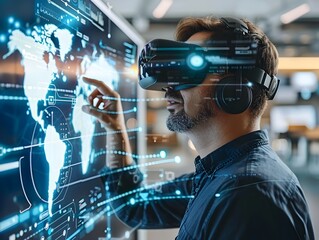 Business Leader Guiding Virtual Reality Presentation with Advanced Technology and Innovative Approach