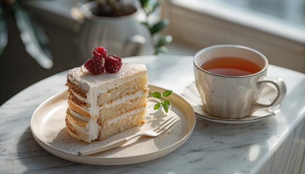 a piece of cake on a plate next to a cup of tea