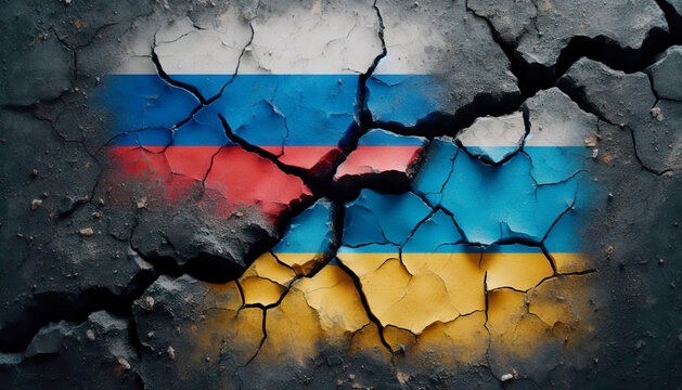 Flags of russia and ukraine on cracked surface. The juxtaposed flags of Russia and Ukraine appear on a worn and cracked surface, symbolizing geopolitical tensions