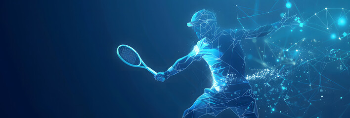 technology in tennis sports, a digital blue low poly tennis player with glowing data streams, AI in sports analytics, player performance tracking systems, training programs for tennis athletes design