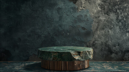 Fototapeta premium Rough Stone and Wood Podium on a Dark Green Background