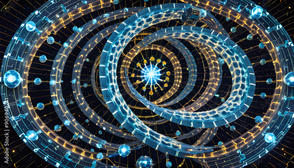 Sticker multidimensional glowing rings and orbs in abstract futuristic design