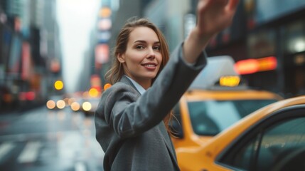 Fototapeta premium Businesswoman in a suit, standing on a city street and hailing a taxi