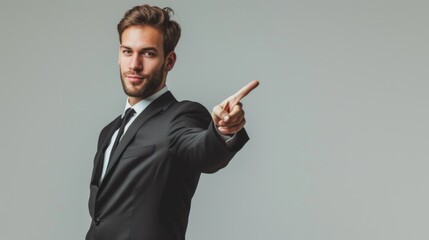 Businessman in a suit, confidently pointing towards blank space