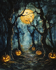 Eerie Halloween scene with glowing pumpkins, a full moon, and dark twisted trees creating a spooky atmosphere.