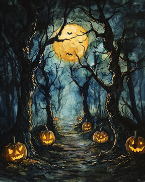 Eerie Halloween scene with glowing pumpkins, a full moon, and dark twisted trees creating a spooky atmosphere.