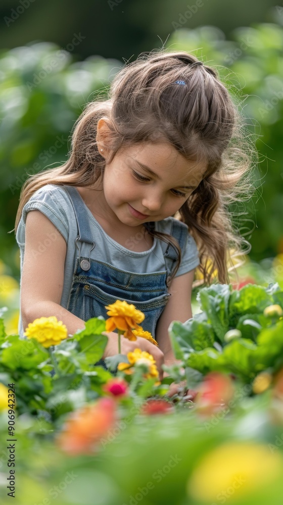 Sticker A young girl admires the beautiful yellow flowers in a garden. AI.