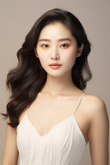 Naklejka premium Medium shot portrait of young korean woman with long hair in white dress on beige studio background