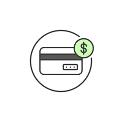 Credit card icon. Symbol of payment made by credit card. Illustration of payment method for transaction, trade or shop described by back side of card with green dollar symbol.