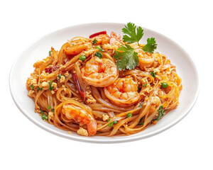 A plate of shrimp and pasta with parsley on top. The dish is colorful and appetizing