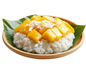 A plate of mango rice with a leaf on top
