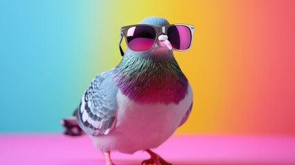 Funny pigeon wearing sunglasses in a brightly colored studio setting, creating a humorous and whimsical scene. © MakoPoko