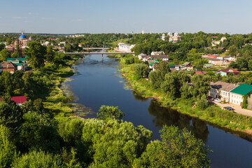 Fototapeta premium Aerial Panoramic view on Torzhok from Candle tower. Torzhok, Tver region, Russia