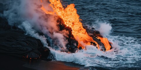 Lava flowing into the ocean. AI.