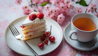 a piece of cake on a plate next to a cup of tea