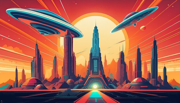Retro Futurism Cityscape. Retro style illustration of a futuristic city on an alien planet with a spaceship taking off.