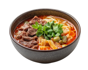 A bowl of soup with meat and vegetables. The soup is brown and has a rich, hearty flavor. The vegetables include broccoli and green beans, and the meat is tender and flavorful. The bowl is white
