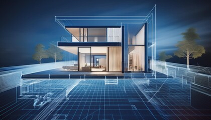 3D rendering of a modern house on a blueprint.