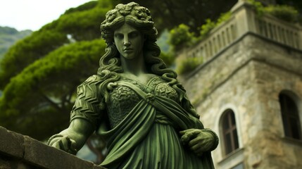 Fototapeta premium Medusa s enchanted reflections greek goddess stone statue with serpent crown in mythological scene