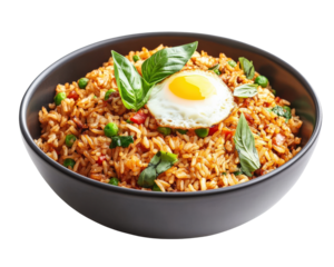 A bowl of rice with a fried egg on top. The rice is mixed with vegetables and has a spicy flavor