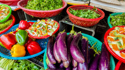 A vibrant assortment of fresh vegetables, including eggplants, bell peppers, and leafy greens, displayed at a local market