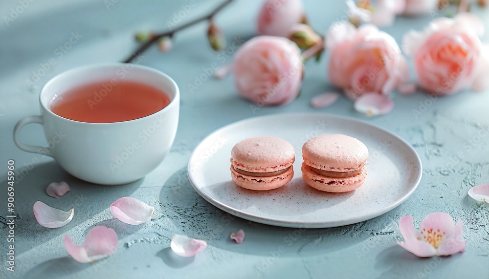 Wall mural a cup of tea and two pink macaroons on a plate