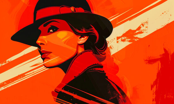 Female spy secret agent illustration in red and orange colors