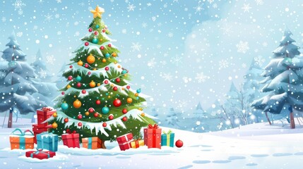 Christmas Tree in Snowy Forest.