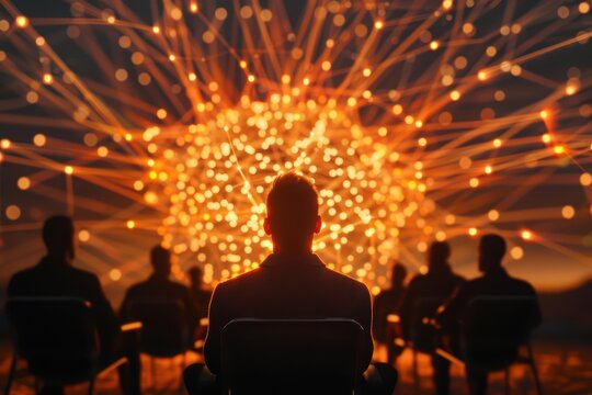 A fantastical startup scene where a businessman uses telepathy to share innovative ideas with his team, high tech, with copy space
