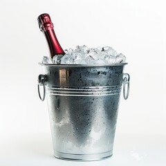 Medium shot of a Champagne bottle in the bucket full with ice, isolated on a white background, 