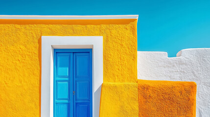 Colors of Santorini, Greece. Mediterranean cycladic architecture and picturesque facades against clear blue skies. Walls and doors painted in white and yellow. Minimalist style. 