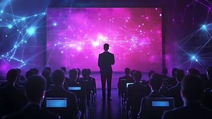 Obraz premium Holographic business presentation, symbolizing advanced communication.