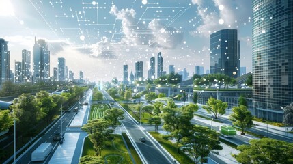 Obraz premium Sustainable Cityscape with Futuristic Technology Network