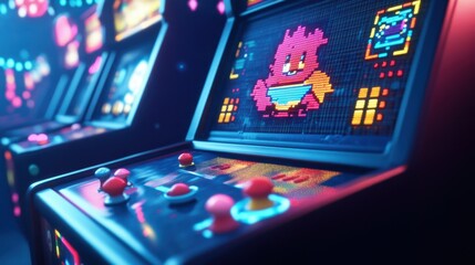 Retro arcade game screen with abstract pixelated characters and elements, creating a nostalgic feel.