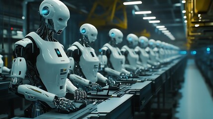 Fototapeta premium Smart factory with robotic workers, representing automated manufacturing.