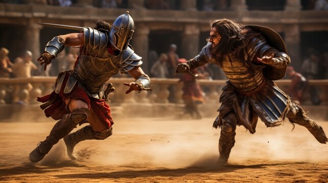 Intense ancient gladiator sword fight in arena with motion blur and gritty realism - Powered by Adobe